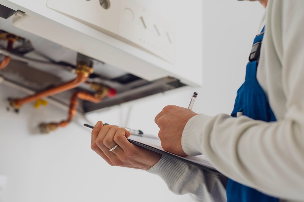 A plumber doing an inspection of the orange pipes and writing on a notepad